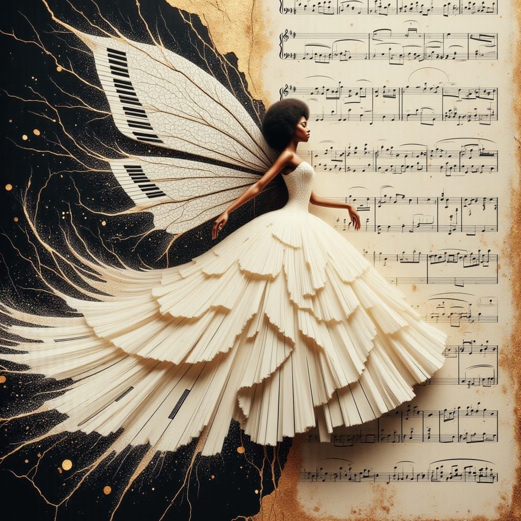 <lora:divineOil:1.0> <lora:PIANO FAIRY:1.0> elegance refined, sheet music backdrop, BOLD CRACKLED EFFECT,, hyperrealistic high definition ph...