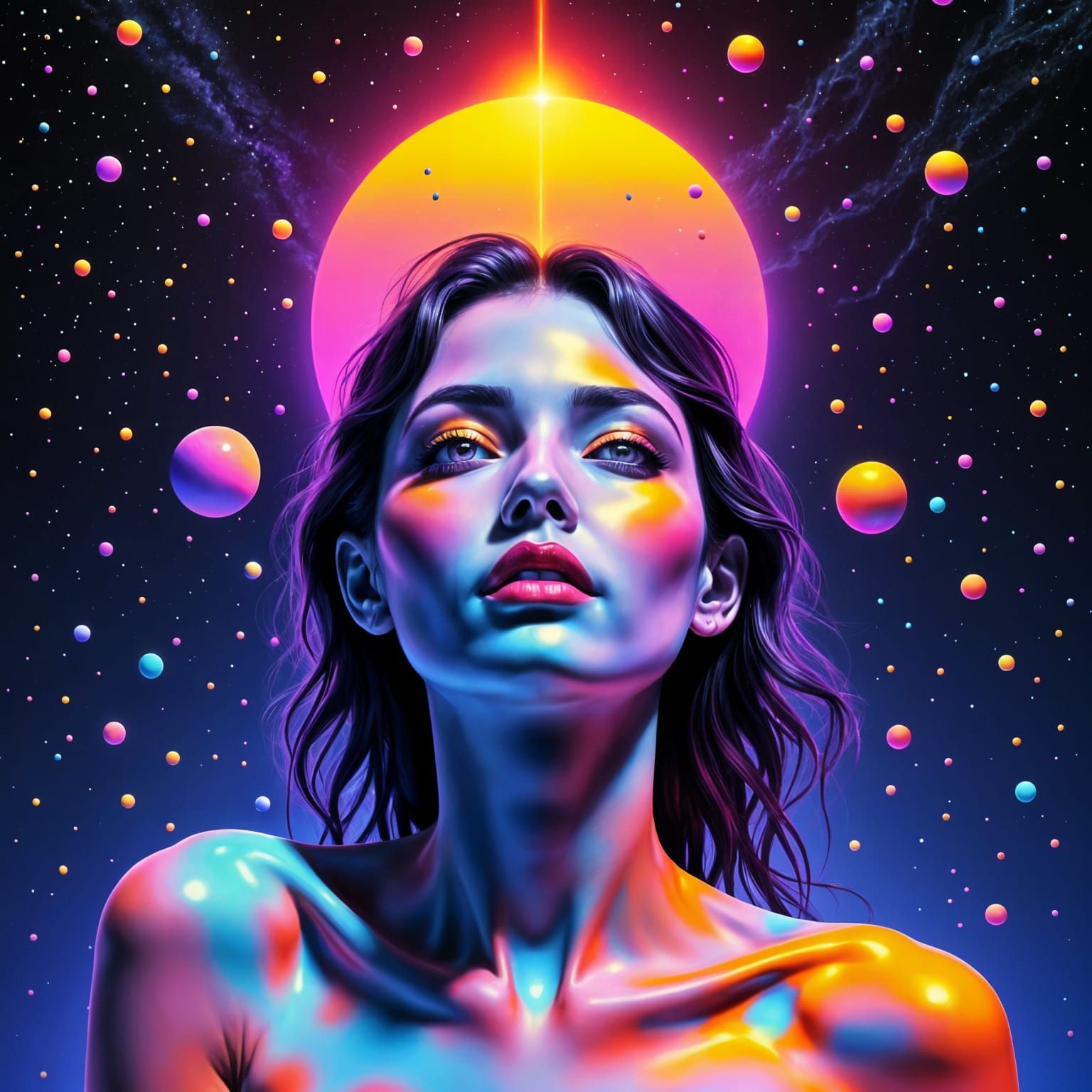 Spectrum Cosmic Serenade: Oldschool Techno Sound Trance Psychedelic Ecstasy Artwork: (Portrait of a voluptuous young beauty:1.4). Tile sun, ...