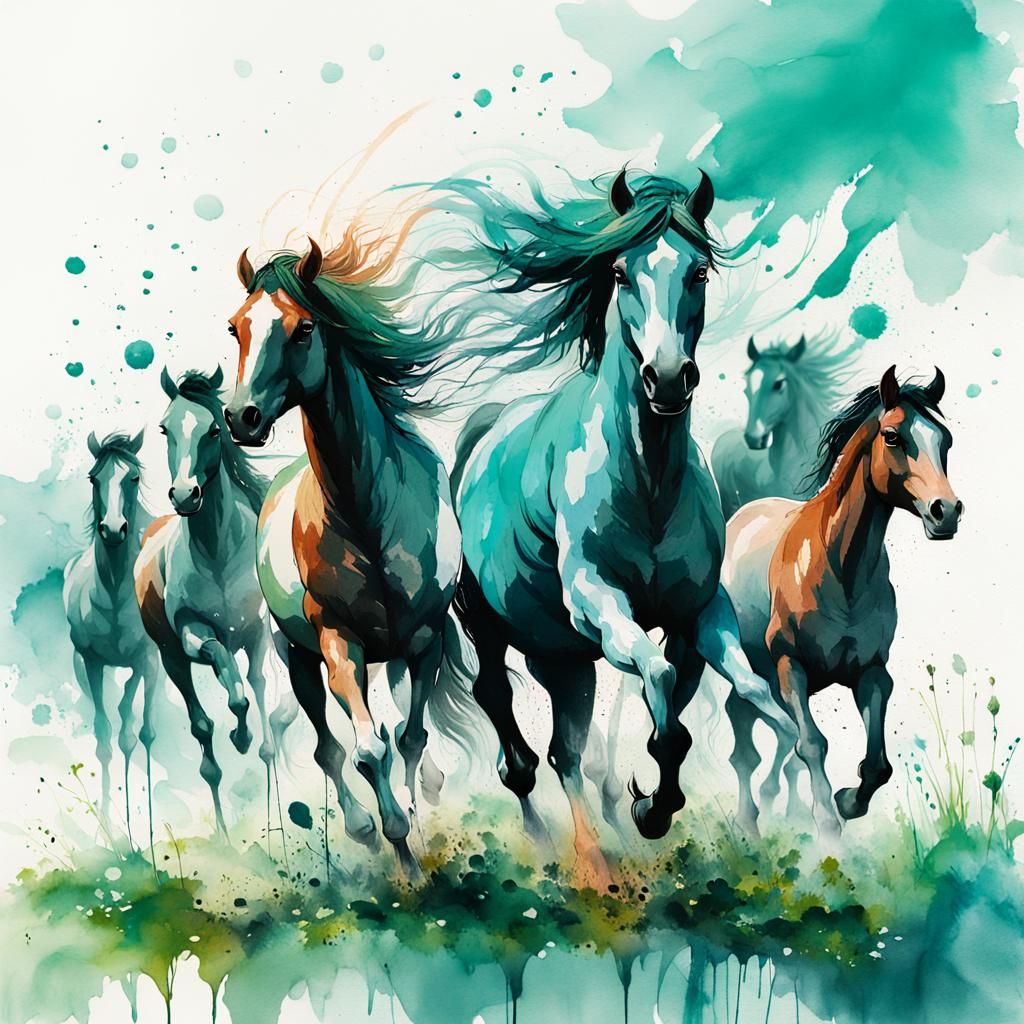 herd of Wild horses, running,meadow,river,punk ink paint splash soft watercolors, ink flow,carne griffith ...  by @mistysmum02