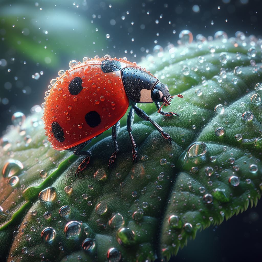Lady bug on a wet leaf.