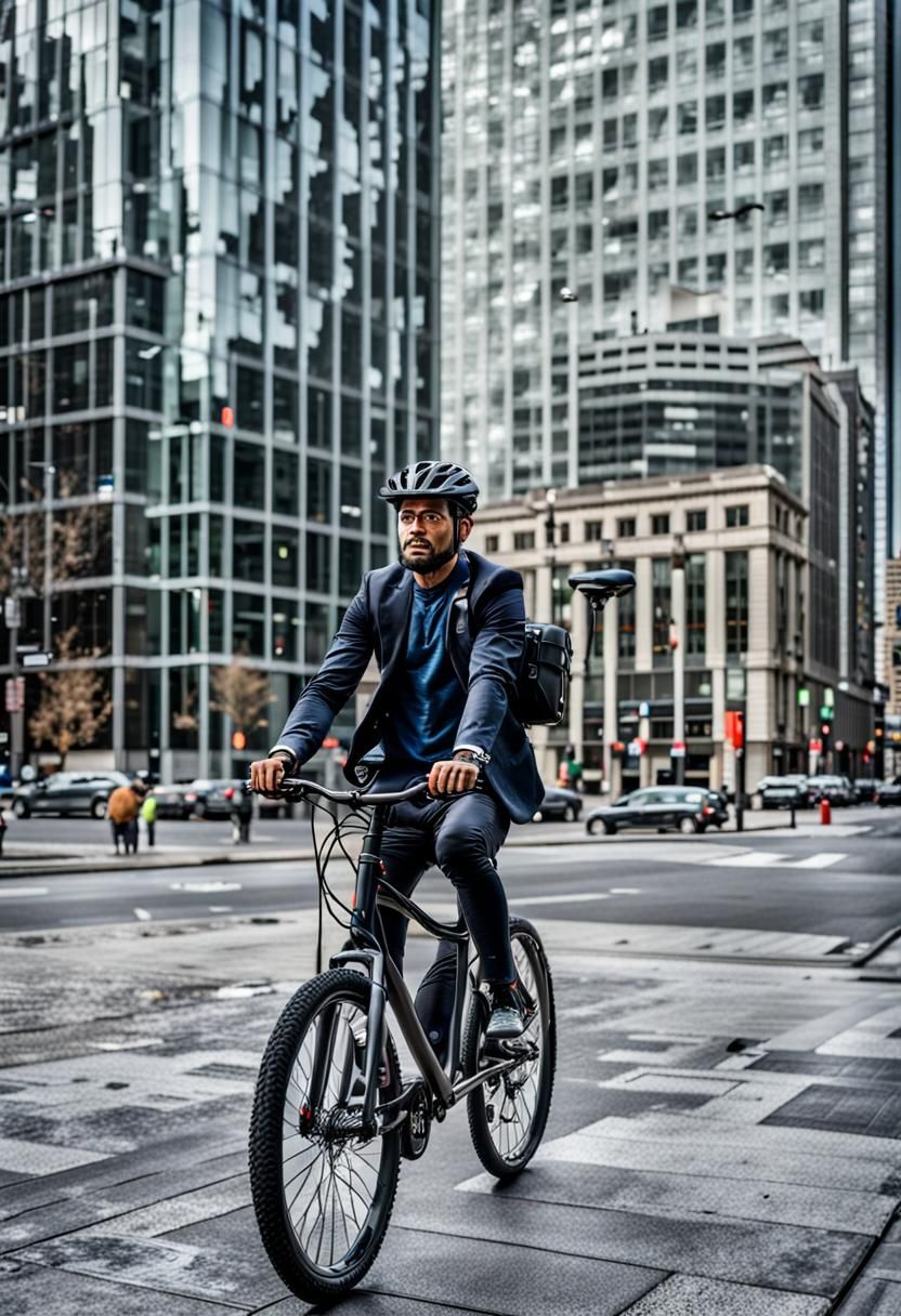 A man riding a bicycle downtown in the city near office buildings with intricate details, HDR, beautifully shot, hyperrealistic, sharp focus...