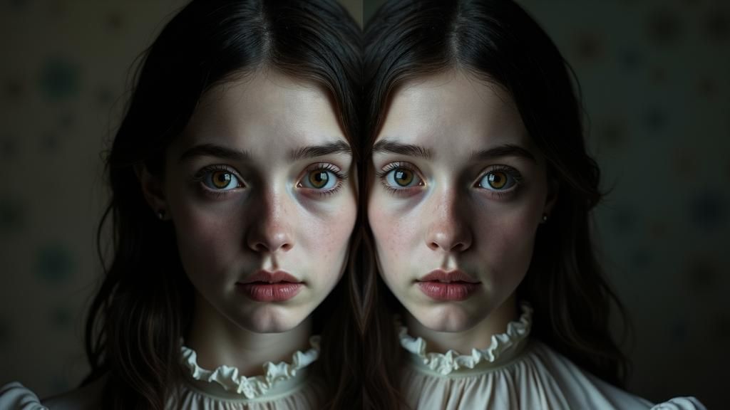 Split image of Emily (14, long dark hair, piercing hazel eyes, pale complexion) and Lily (16, long dark hair, piercing hazel eyes, pale comp...