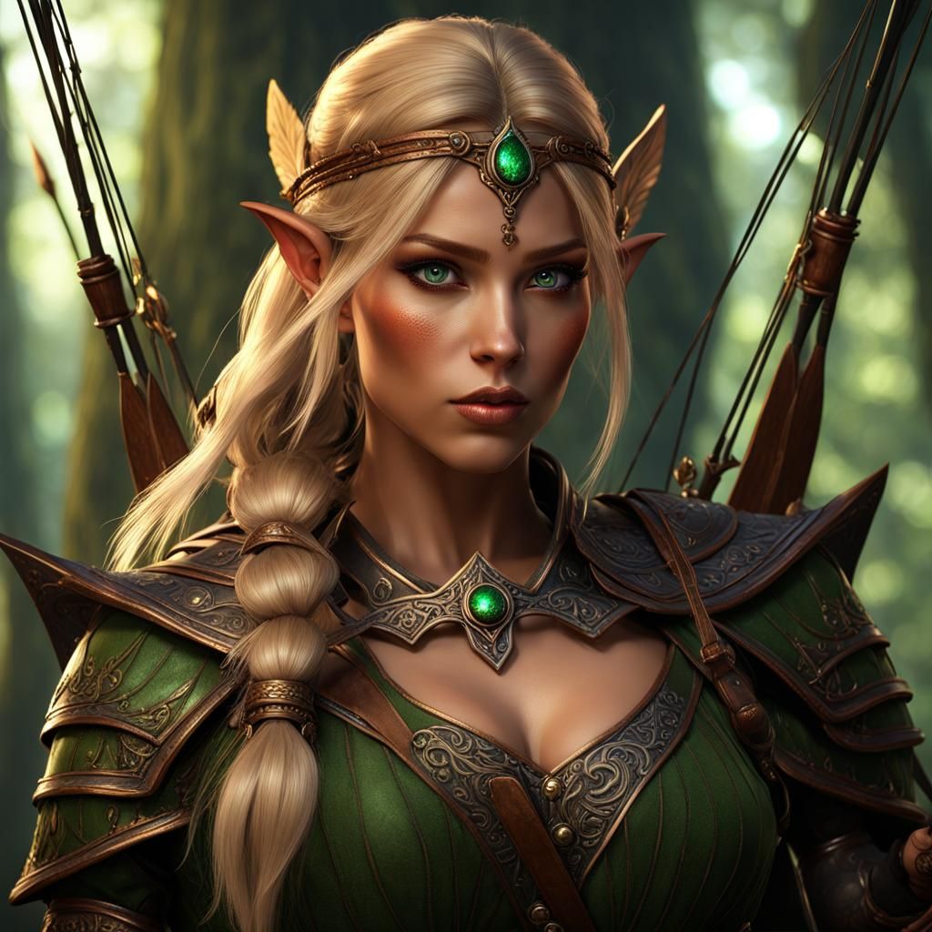 a pretty Wood Elf with dark copper skin. She holds a bow very pretty ...