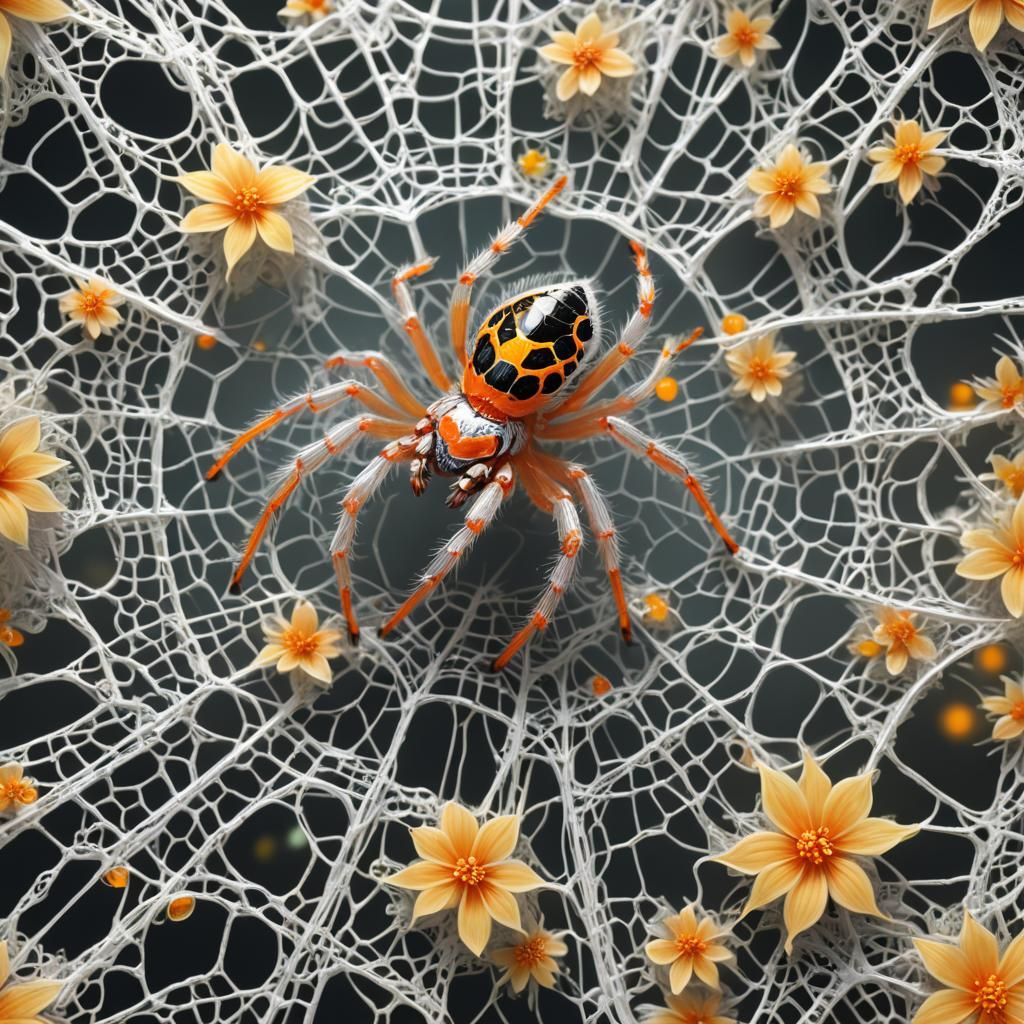 Iridescent hyper Realistic white orange hairy jumping spider...
