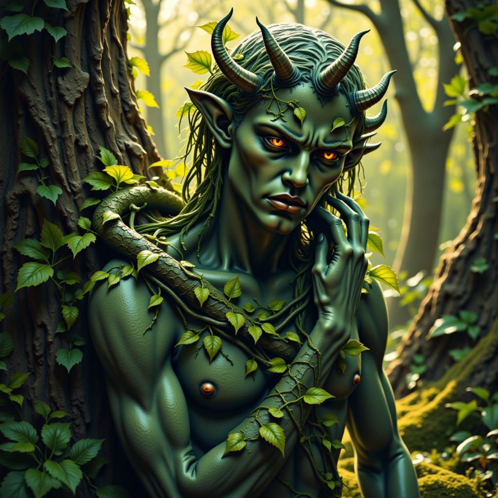 A small, green vine winds its way up a crumbling stone statue in a forgotten garden. Oil painting. The vine is vibrant and alive, contrastin...