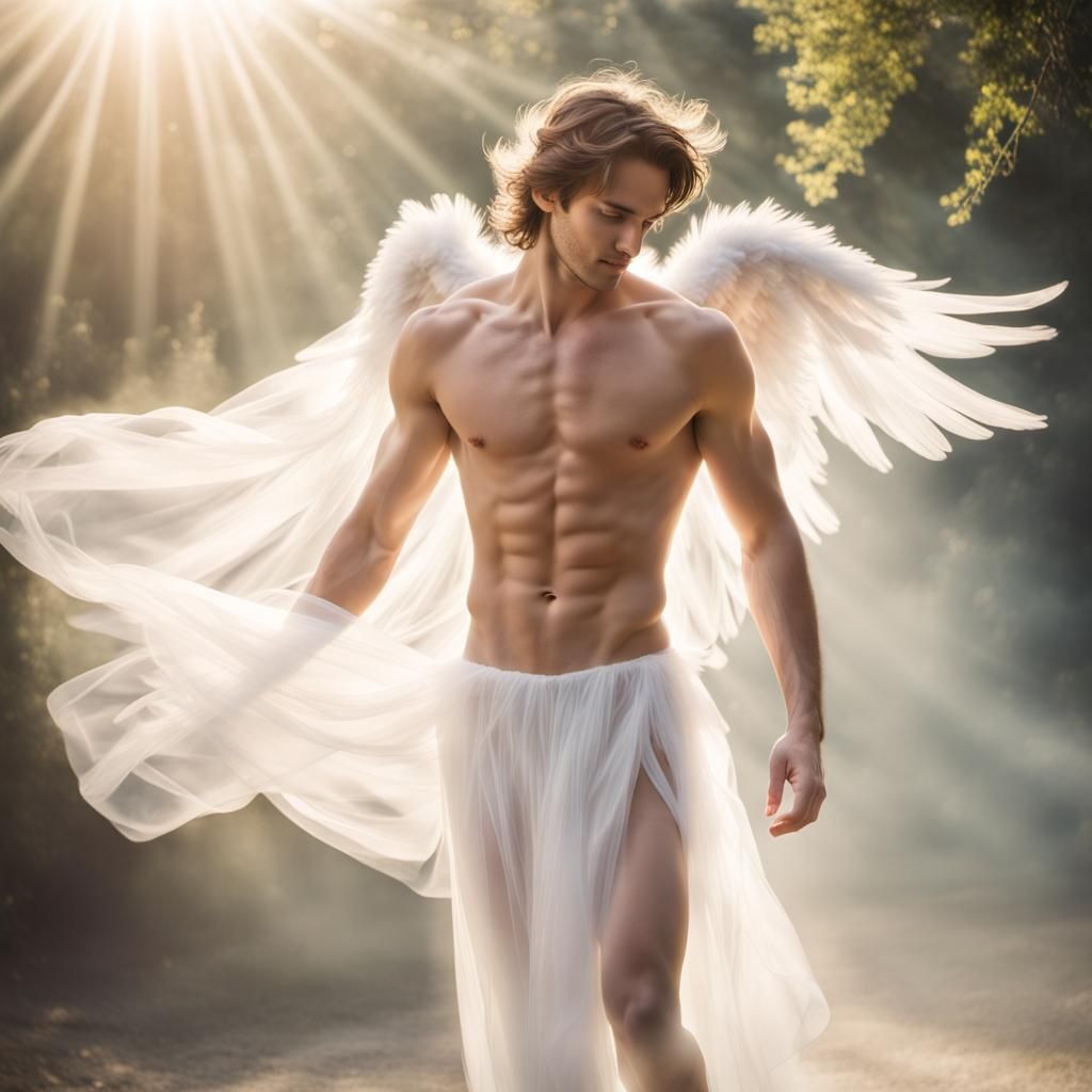 Male shirtless angel with flowing tulle fluttering in the wi...