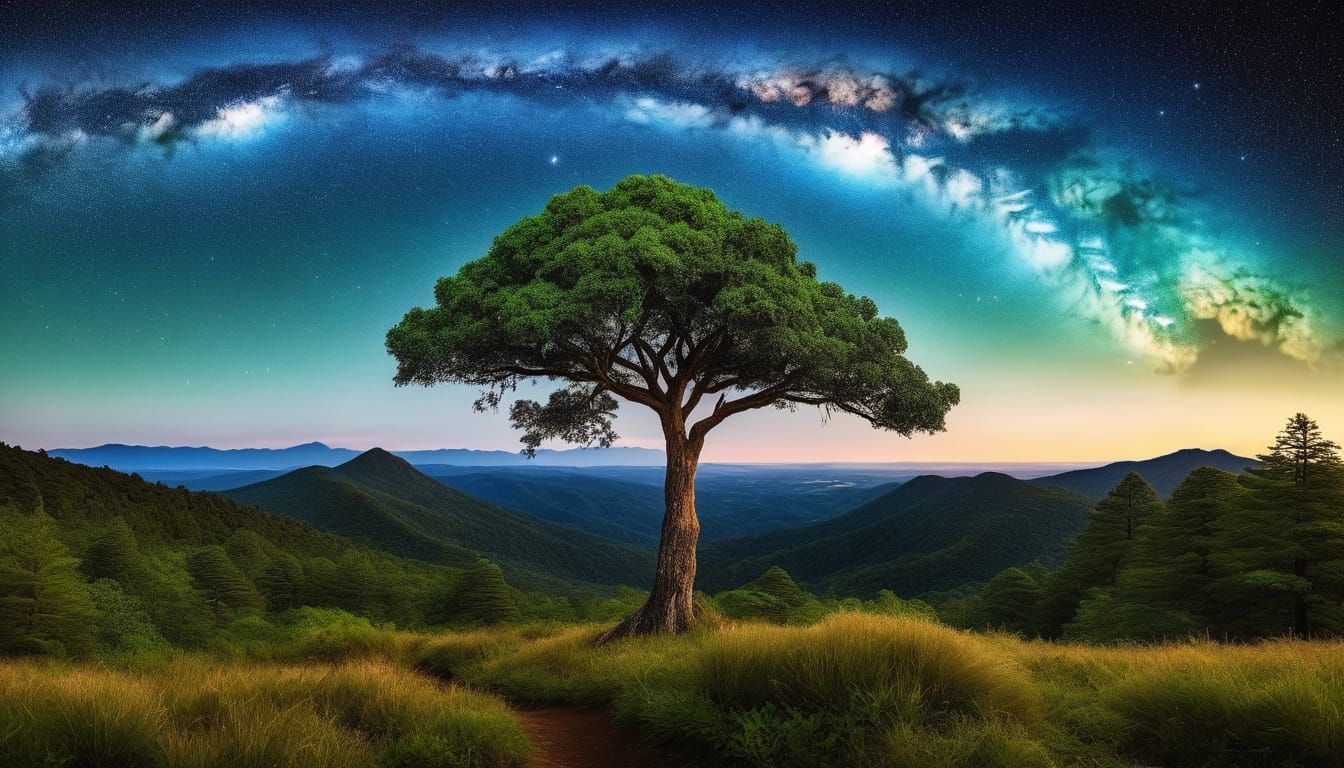 Mountain Sunset Scene under Starry Skies