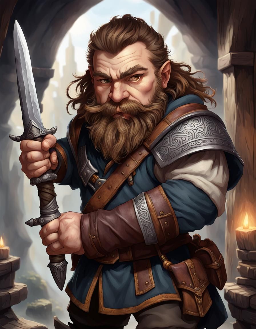 Male dwarf rogue with brown hair and hazel eyes holding a dagger - AI ...