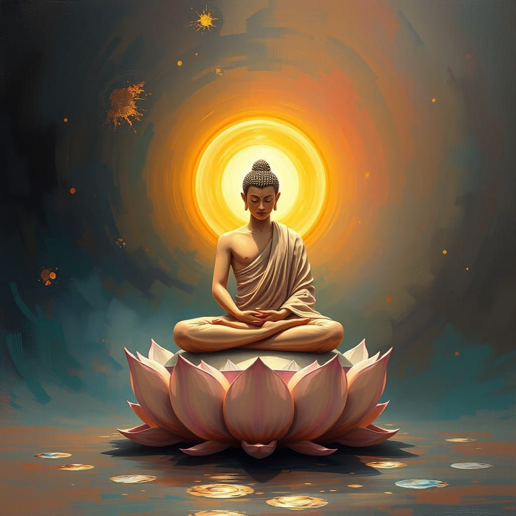 Serene Buddhist Monk in Glowing Halo, Neo-Expressionist Oil...