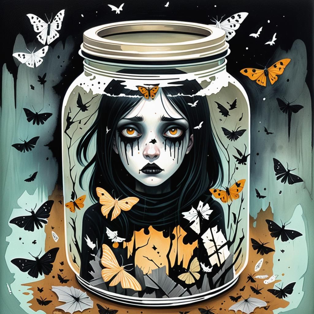 Scared girl inside a cracked old dirty jar sealed with lid surrounded ...