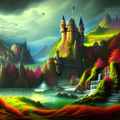 Fantasy landscape with castle. Hyperdetailed realistic colou...