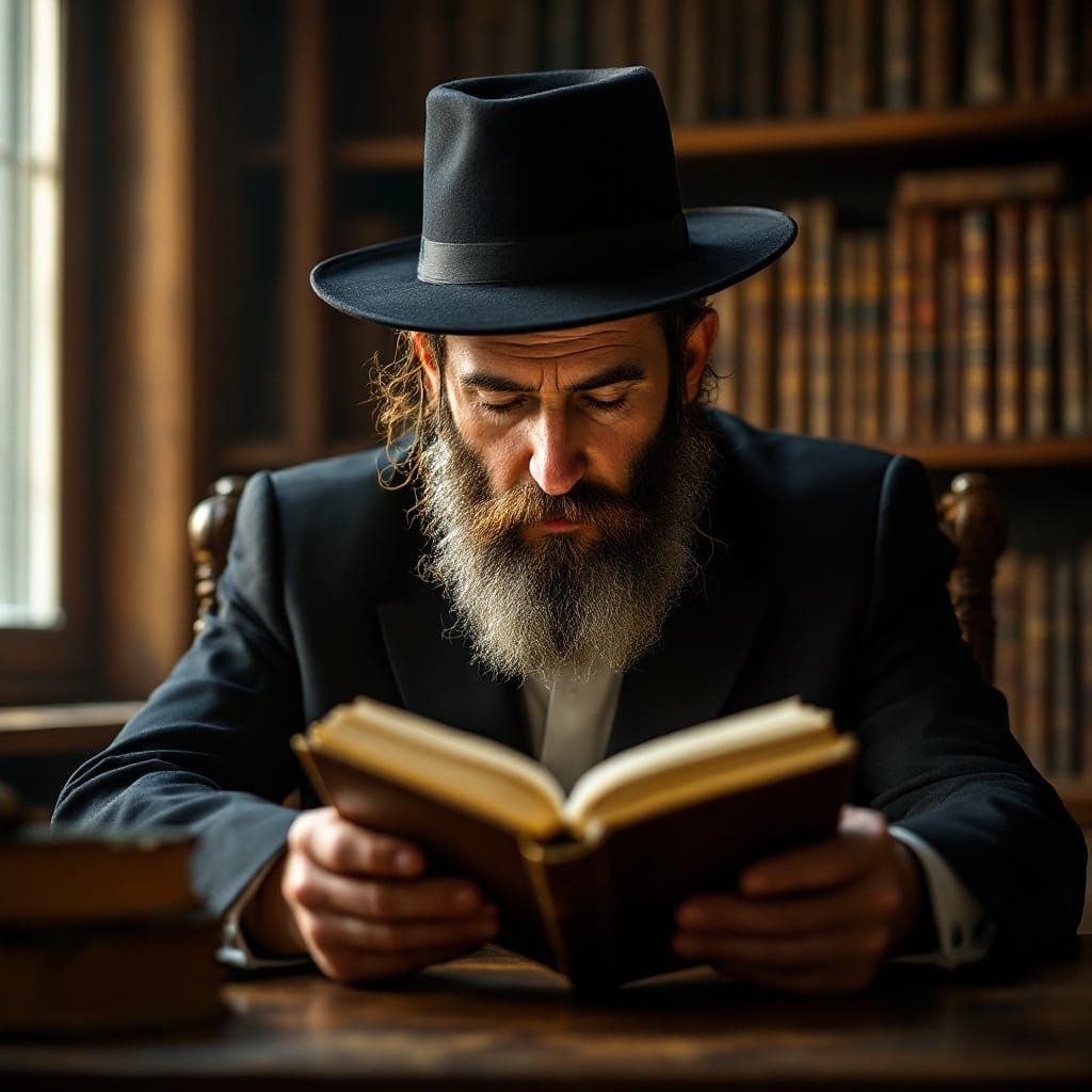Revered Haredi Rabbi in Contemplative Study, Adorned with Tr...