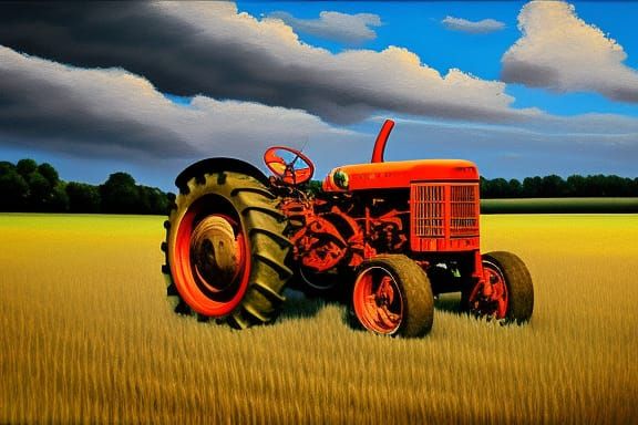crepuscular 1950 Massey Harris Tractor in a crop field, spla...