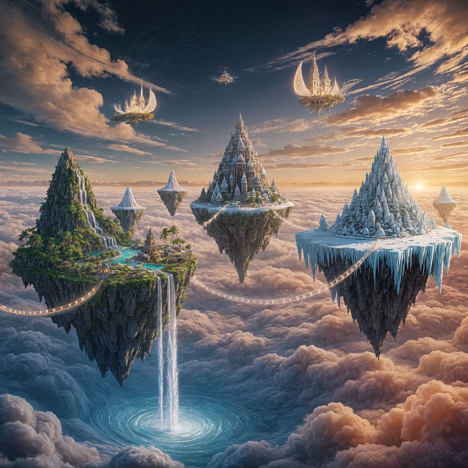 "A breathtaking, high-fantasy landscape featuring a series of colossal, floating islands drifting serenely ...  by @Chaim