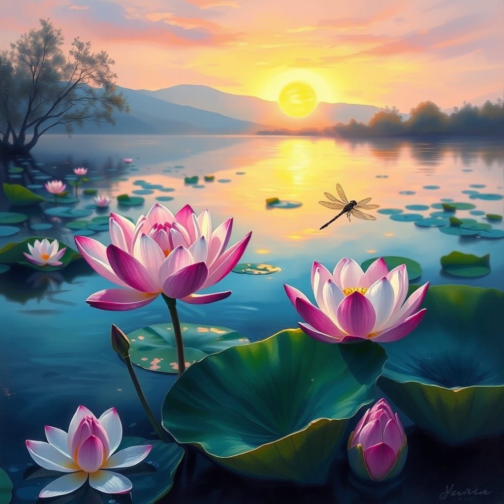 Serene twilight scene, Impressionistic style, featuring a tranquil pond reflecting the warm hues of a ...  by @Highlakgamer