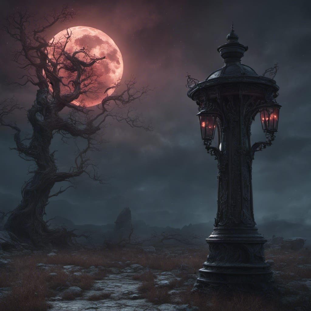 Dark hollow. Ghostly horseman lantern on post. Dusky skies with full