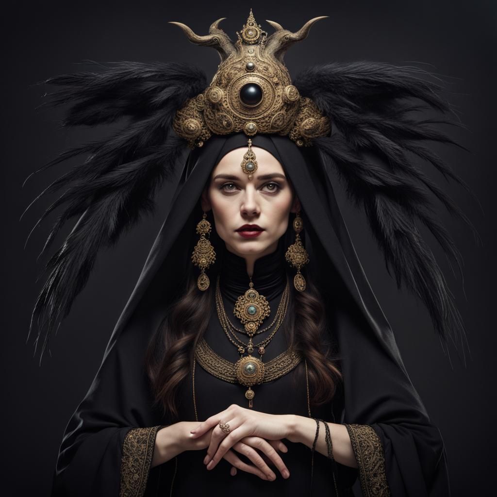 a witch dressed in black wearing an ornate headdress calling her
