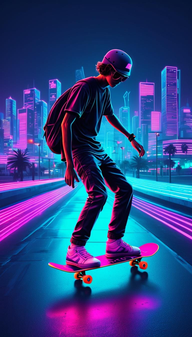 Synthwave neon skateboarder  Neon City