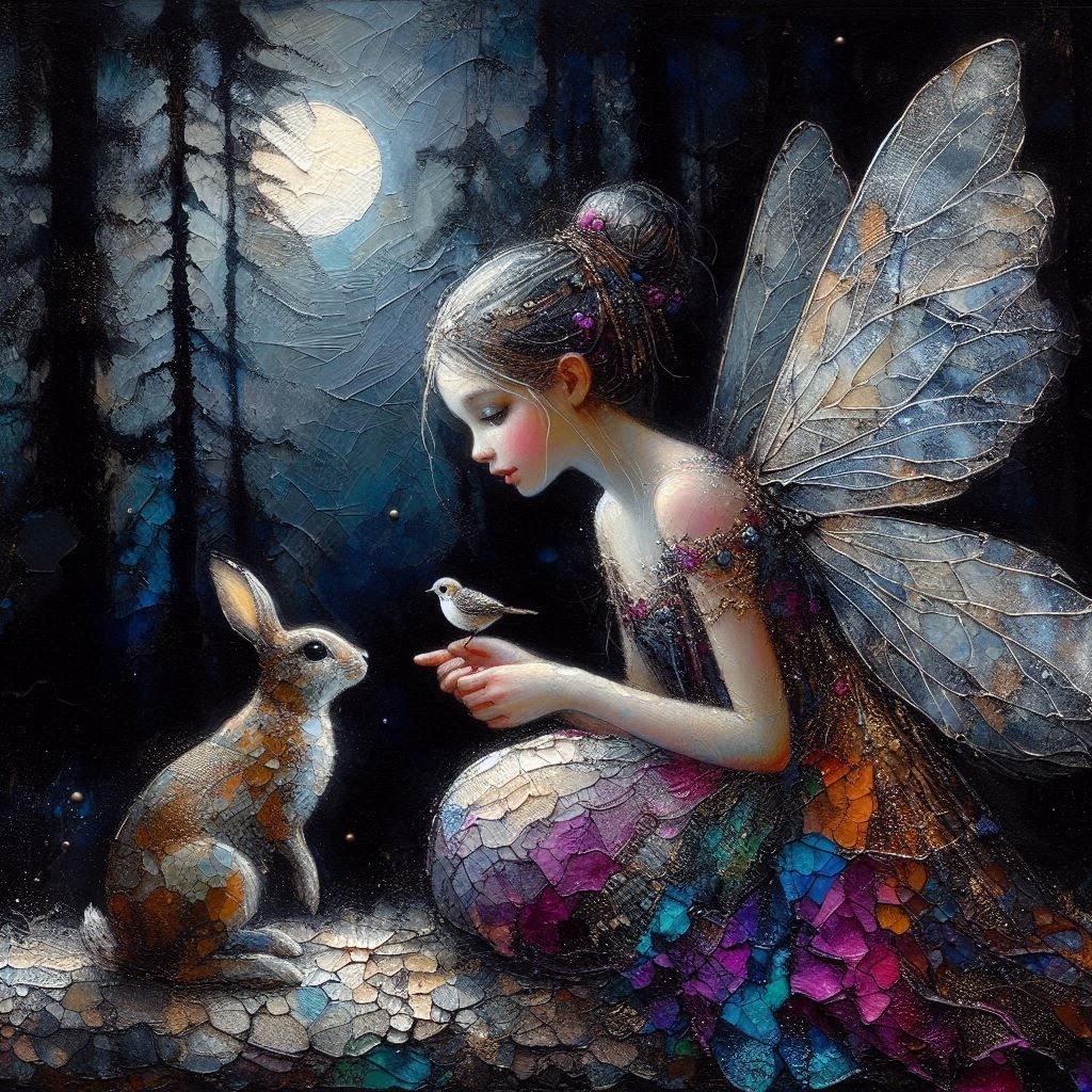 Fairy girl talking to a rabbit