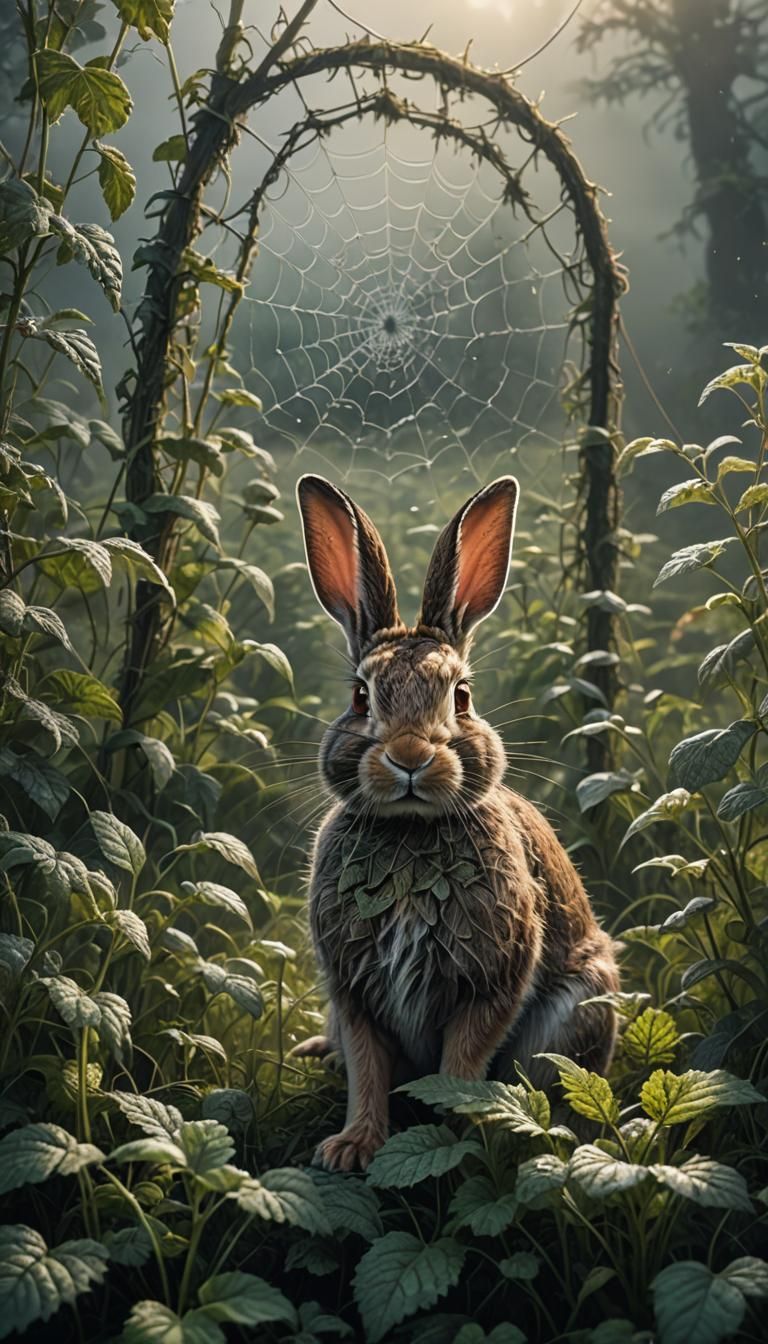 Ethereal. Misty morning. Rabbit in a nettles patch. Spider w...