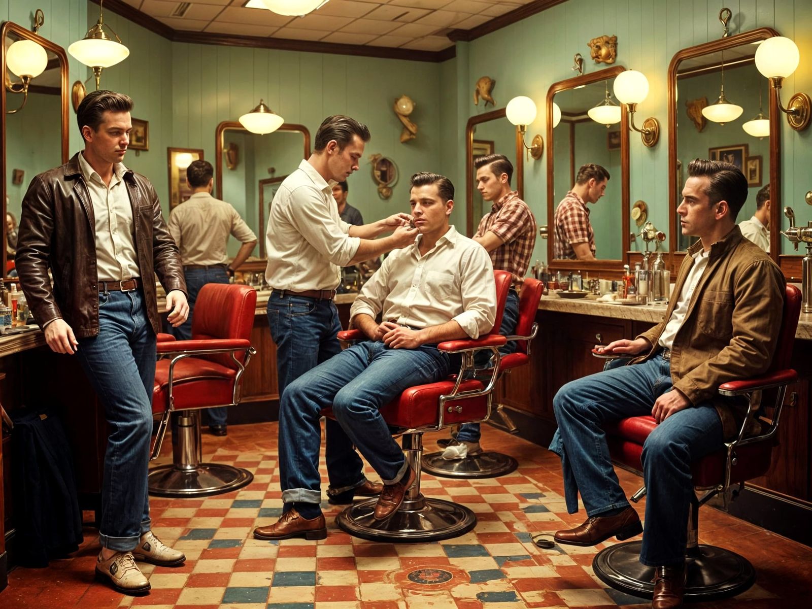  1950s men's fashion focus — a classic barbershop interior scene.   by @Havping