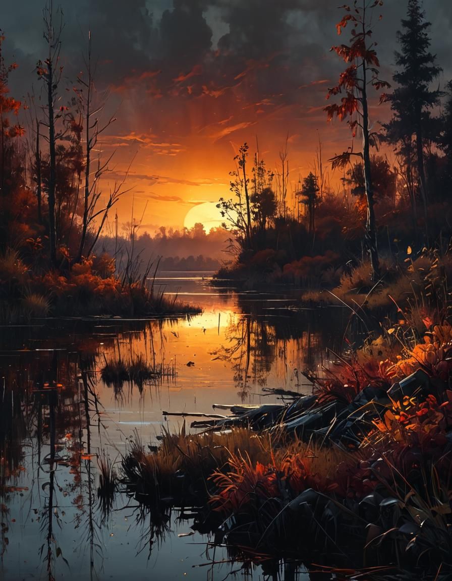 dark painting thick brush strokes, grunge style, autumn landscape | sunset, lake, best image quality, oil painting, clean, dramatic light, g...