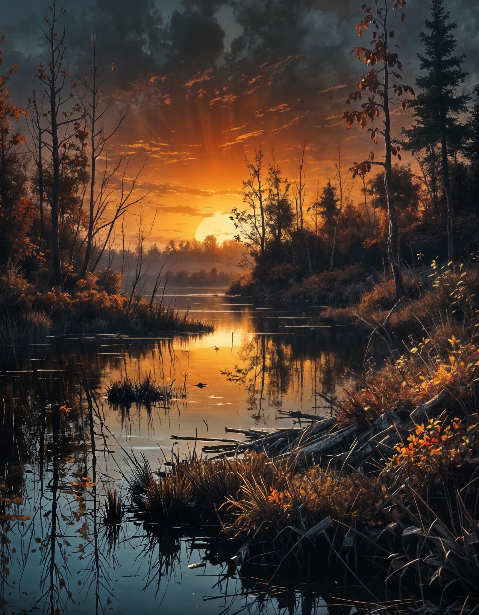 dark painting thick brush strokes, grunge style, autumn landscape | sunset, lake, best image quality, ...  by @Buffy Winters