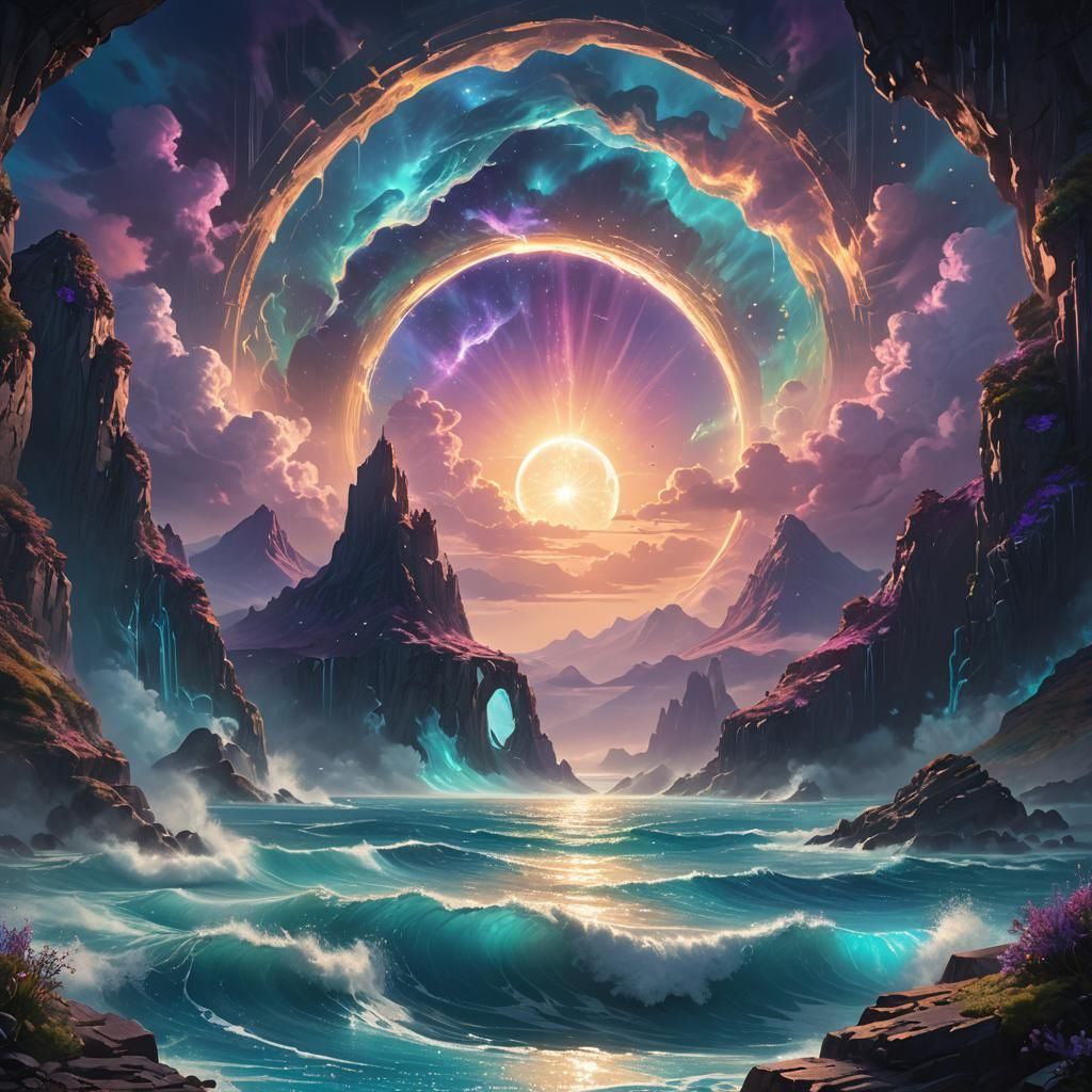 Iridescent Portal Between Turquoise Mountains, Art Nouveau