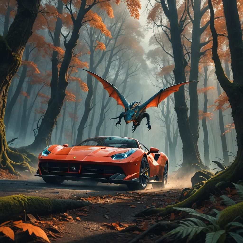 Ferrari Races Dragon in Mystical Forest