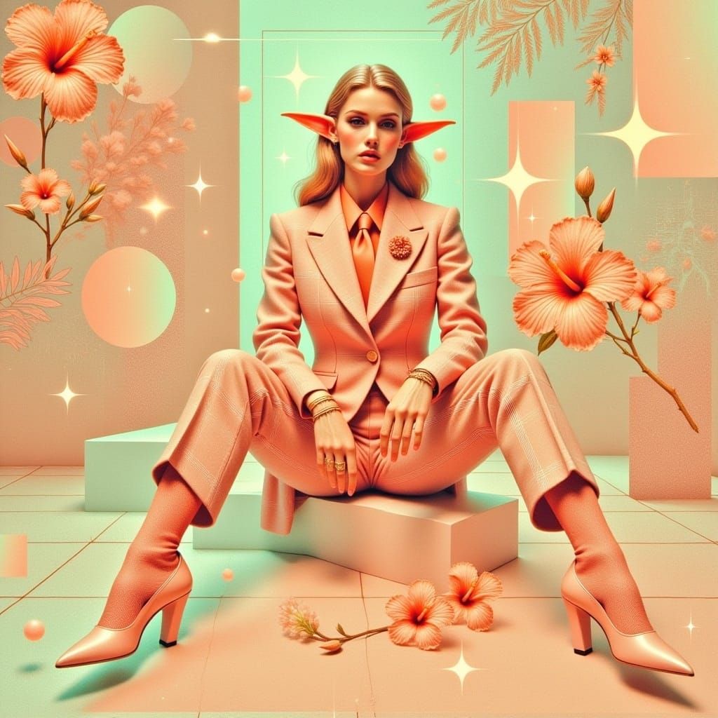 <lora:LightPeachVapor:1.0> decoupage, elven woman, pointed ears, Full length portrait, fashionable 1950s, plaid, sitting legs crossed, digi...