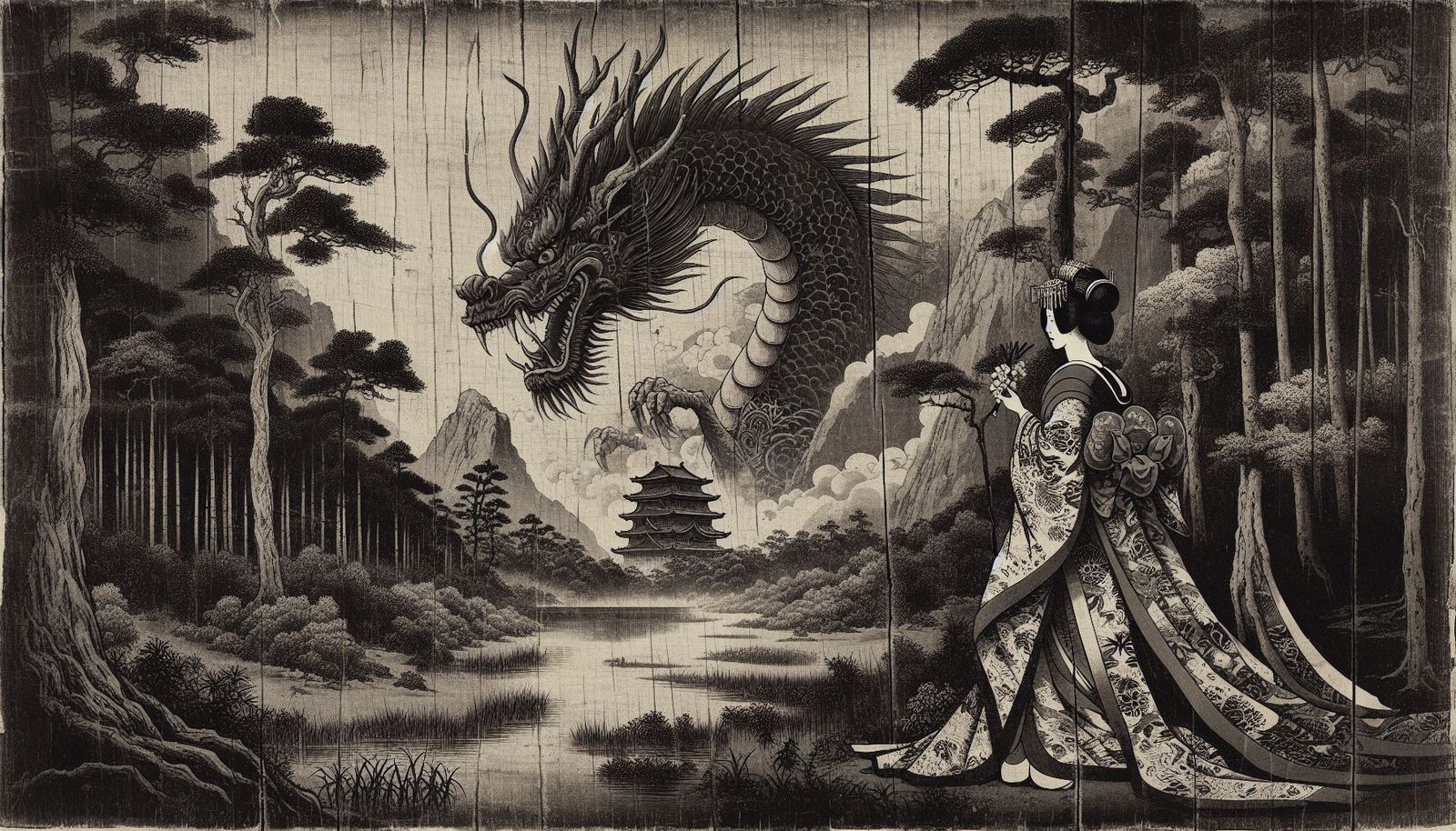 Black and white Ukiyo-e painting style