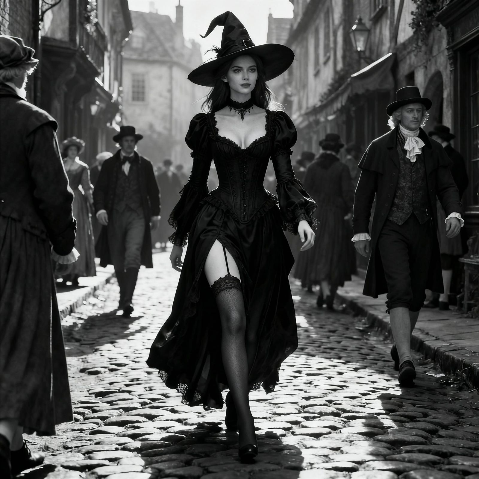 Elegant Witch on Cobblestone Street in Gothic Style