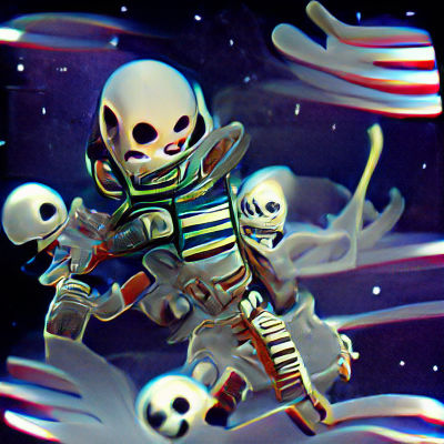 Scary skeleton astronaut in space Van Gogh