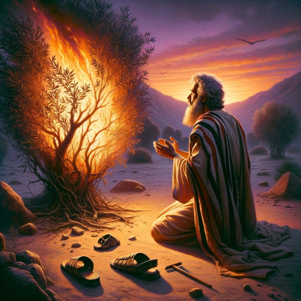 Moses kneeling in front of the burning bush  by @Cat