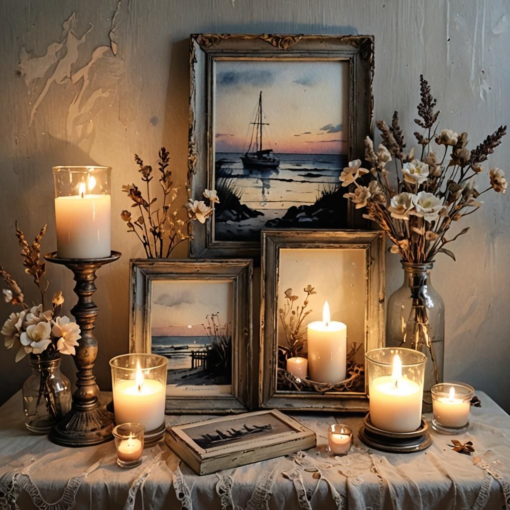 Dusk :: Chiaroscuro Lighting :: watercolor and ink illustration of a cozy delightful vignette display ...  by @g r r c