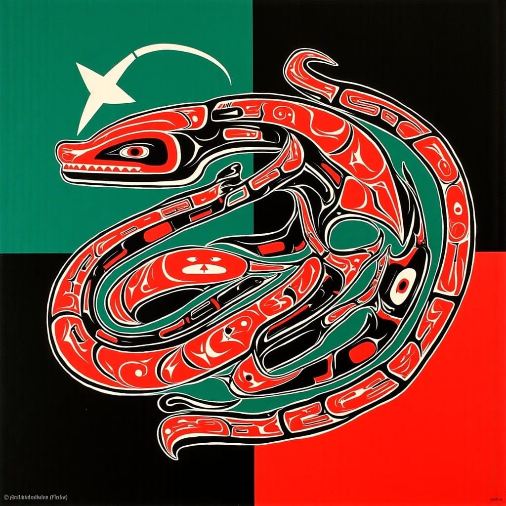 <lora:Haida Style:1.0> Haida Style picture of a Snake in Black, white, forest green and vermilion