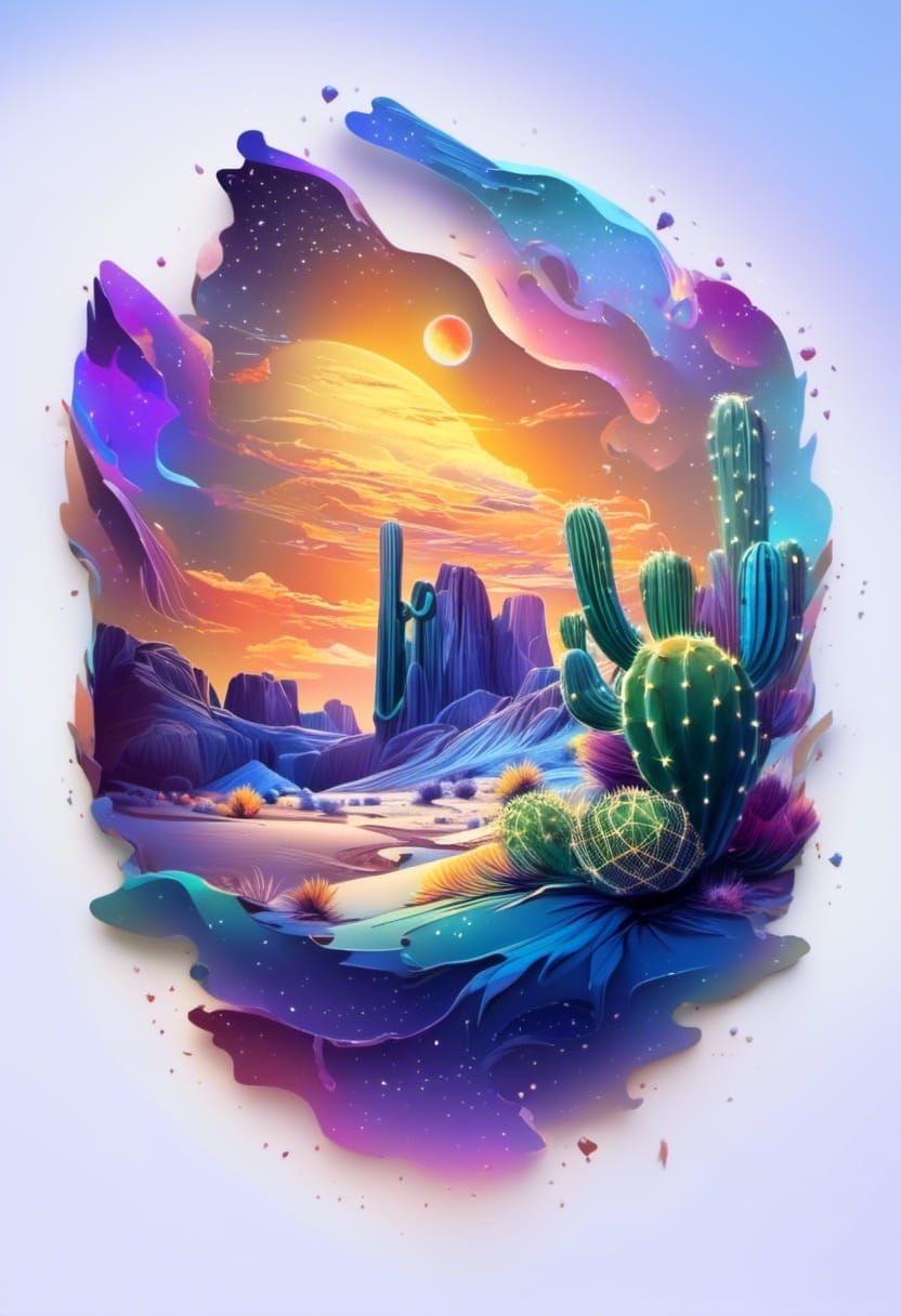 Moonlit Desert Landscape with Colorful Ink Flow