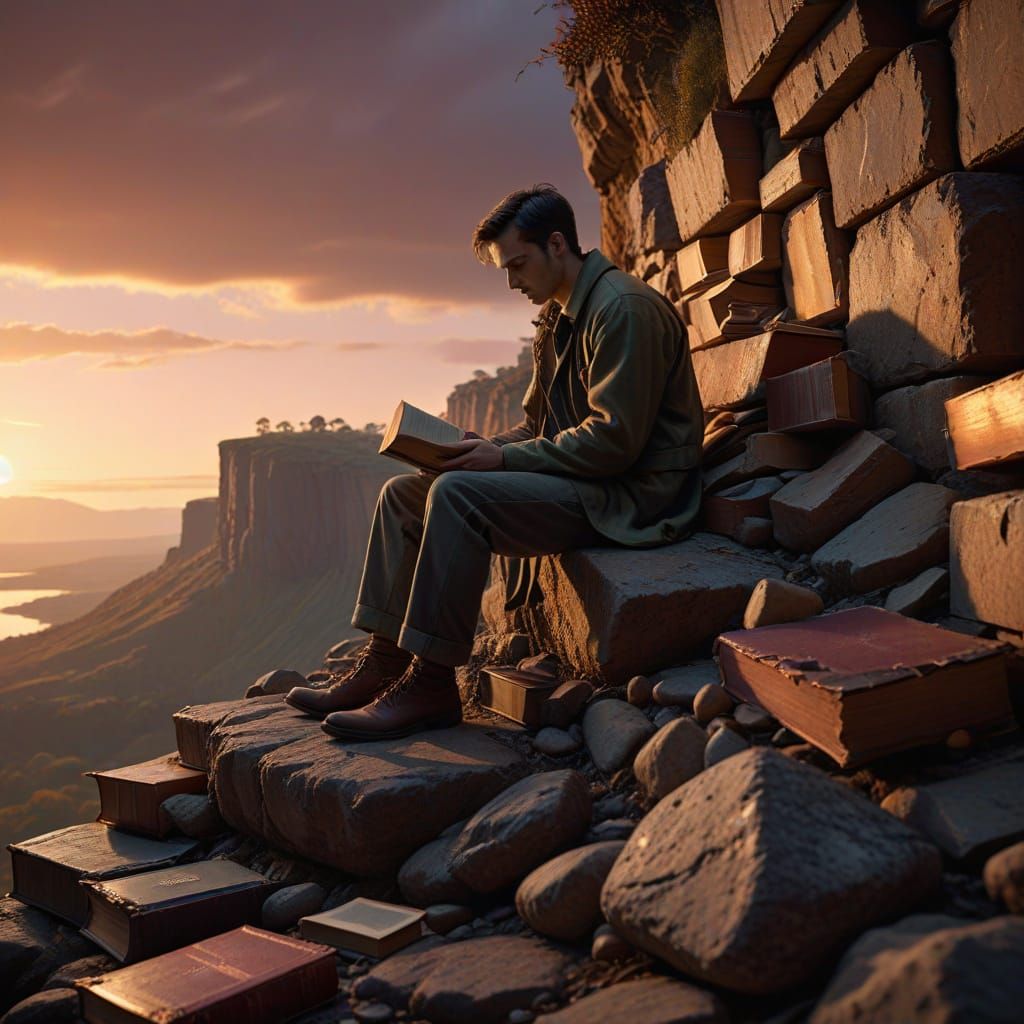 Ethereal Sunset Reader on the Cliff