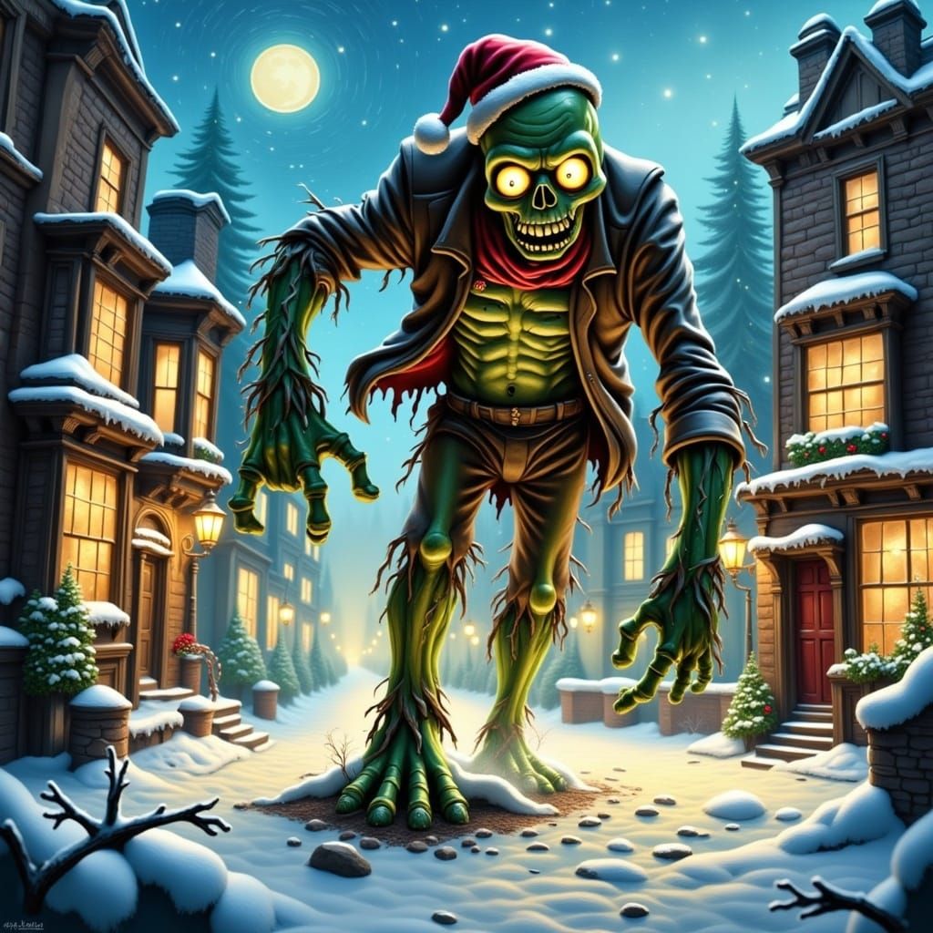 Giant zombie from Plants vs Zombies game lumbering through a picturesque Victorian Christmas town by Nick Park, imperfect chalky lines, upli...