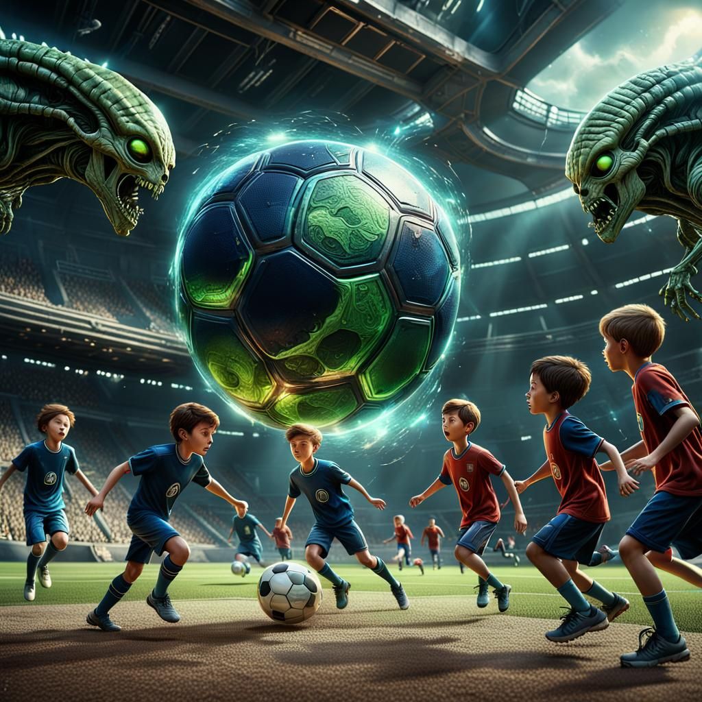 A group of children play soccer against the aliens