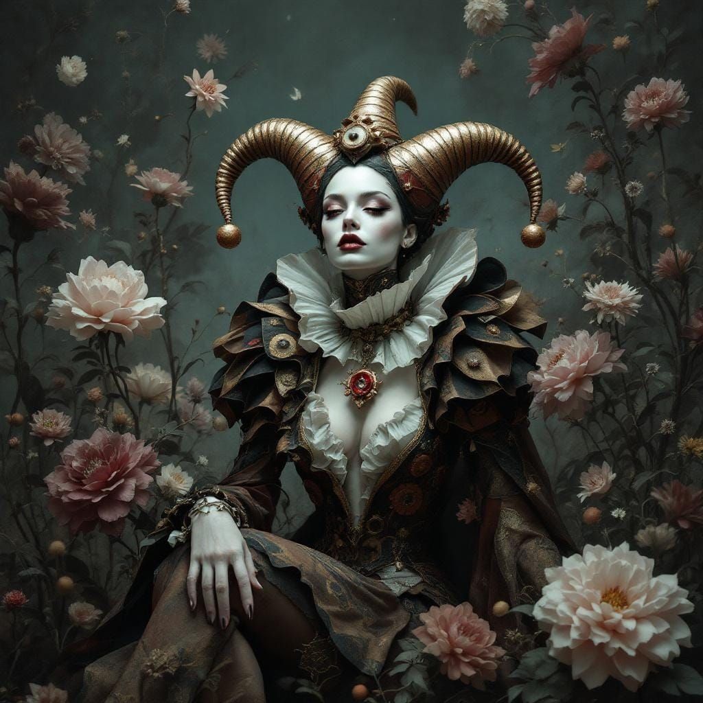 A modern day female court jester with an abstract floral background, featuring whimsical and surreal ...  by @James Silvers