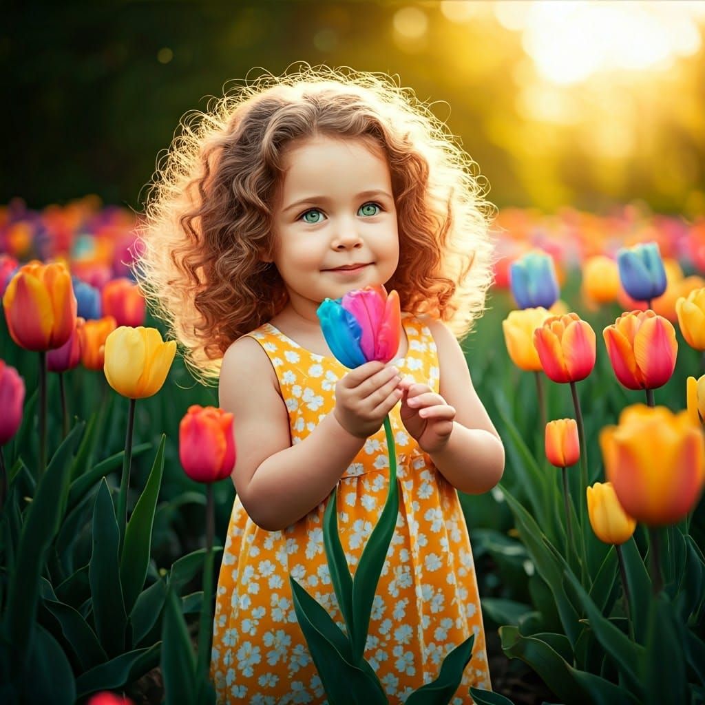 Joyful Girl in a Vibrant Tulip Meadow in Dreamy Fantasy Styl...