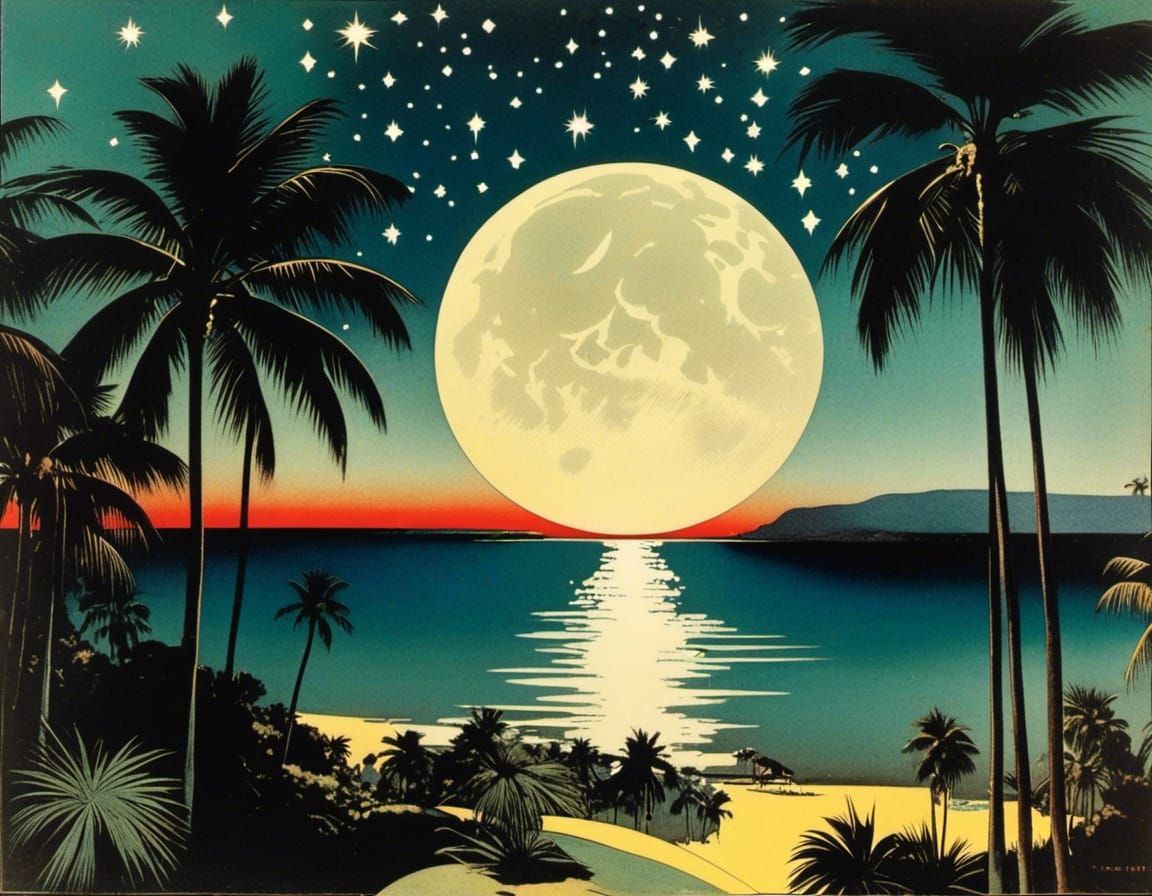 Tropical Island Huge Moon And Stars Palm Trees Soft Focus 1900s