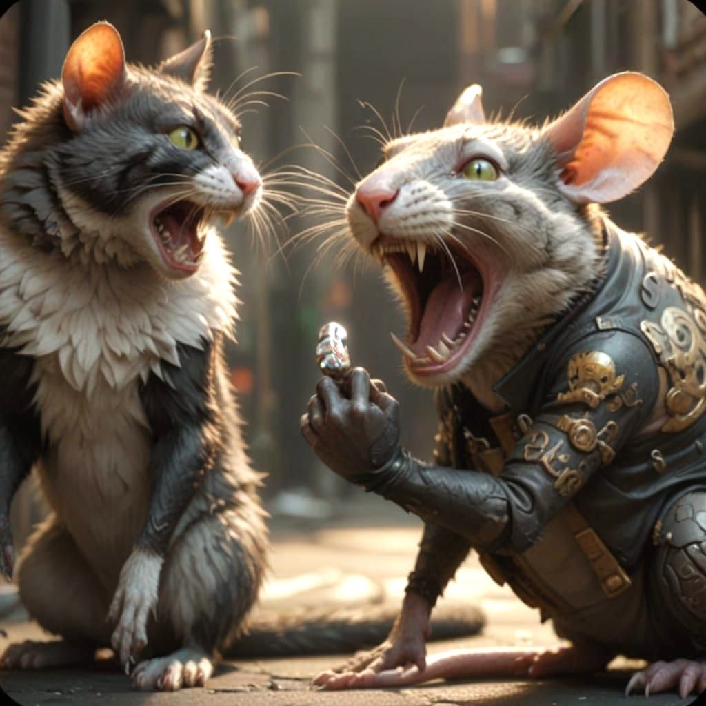 Defiant Rat Confronts Feline Foe in Dark Alleyway