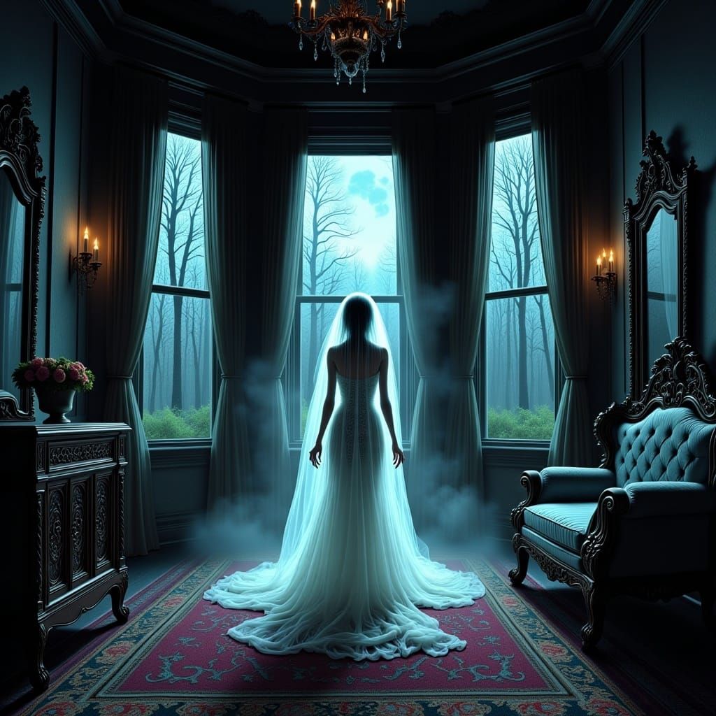 <lora:MrsH Darkling:1.0> Creepy darkling illustration pinhead, A translucent, spectral bride in a tattered wedding gown, with tendrils of mi...