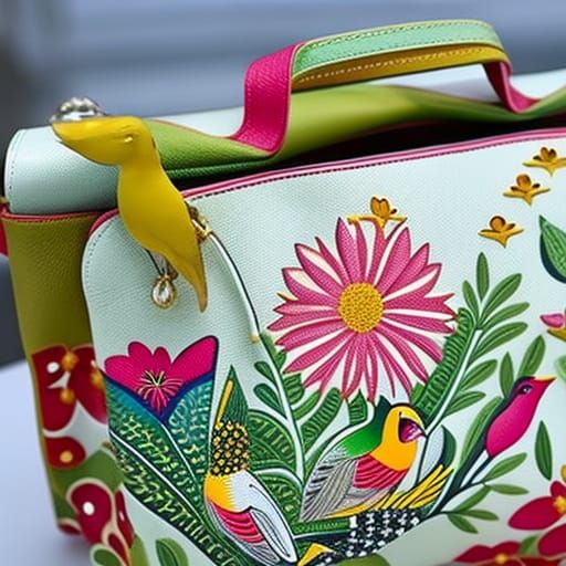 A handpainted handbag by anushka with birds and flowers