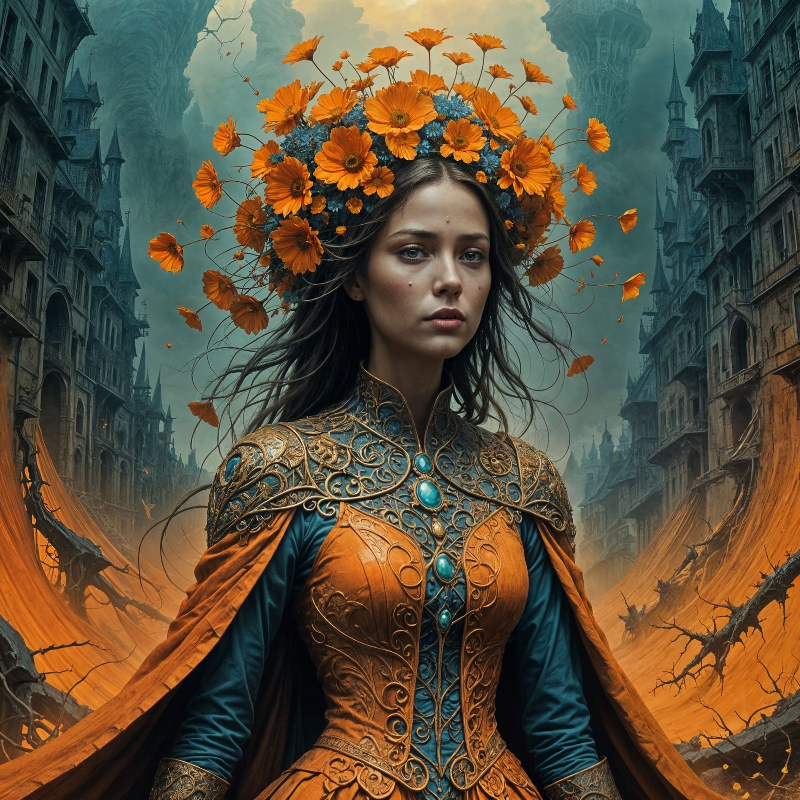 Une jolie femme mature portant une robe orange, pose dynamique, beaux yeux détaillés grand ouverts, ses ...  by @Eve