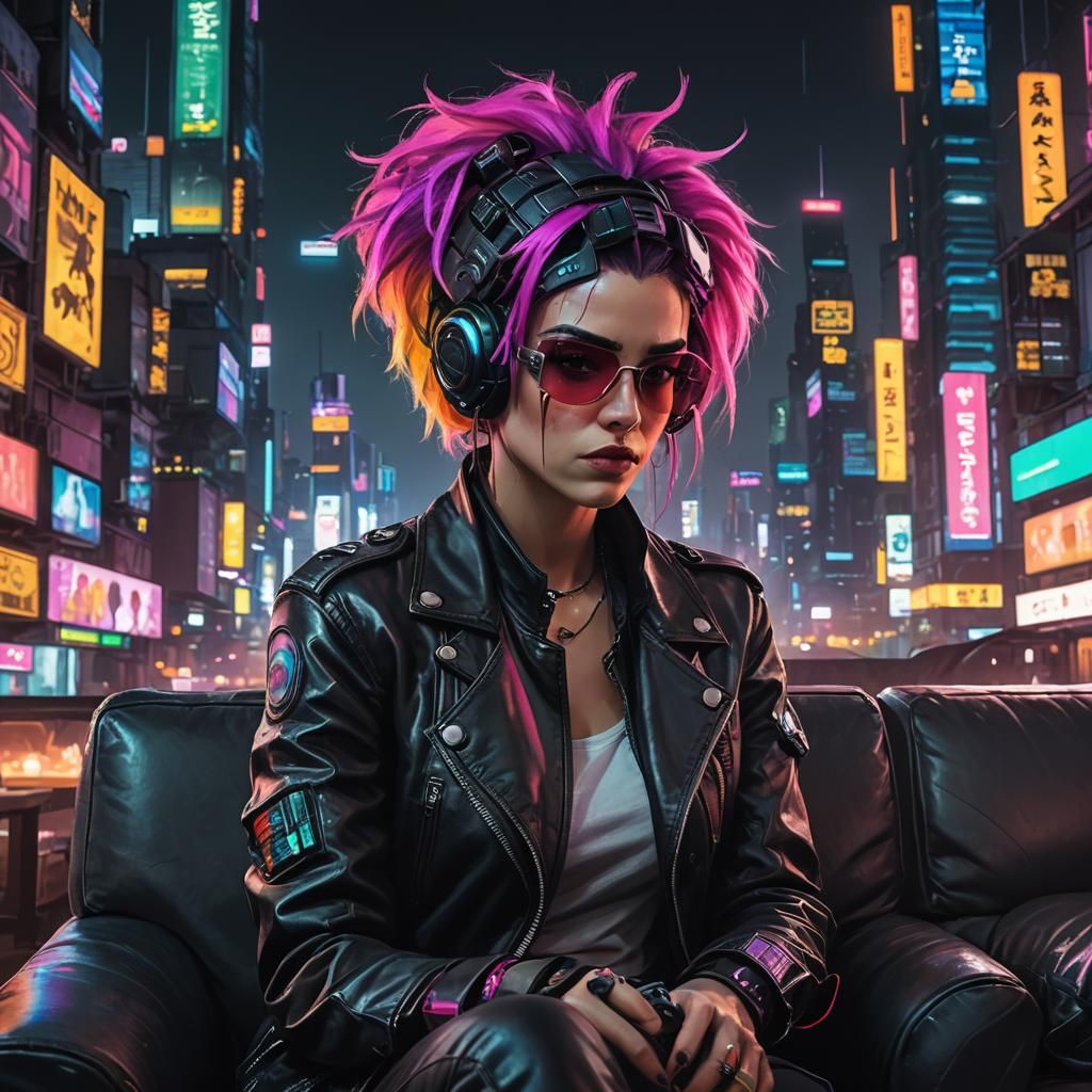 A young woman with a flamboyant appearance and colorful hair...