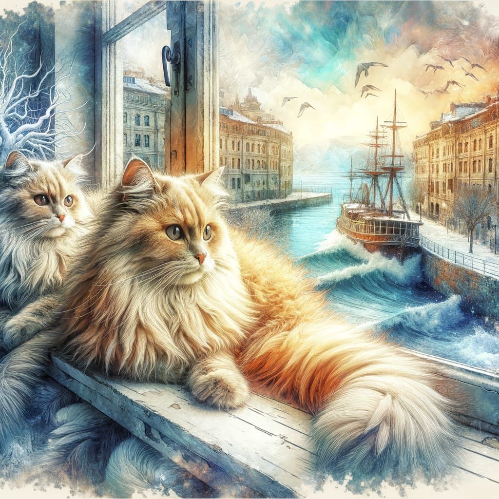 Ethereal Watercolor Cats Overlook Winter Harbor