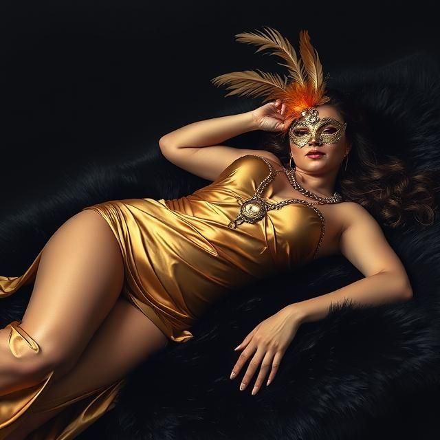a really beautiful woman  , big curvy body in a gold sheet a...